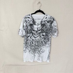 Xtreme Couture Mens Medium White Graphic T-Shirt Skull Top Hat All Over Print